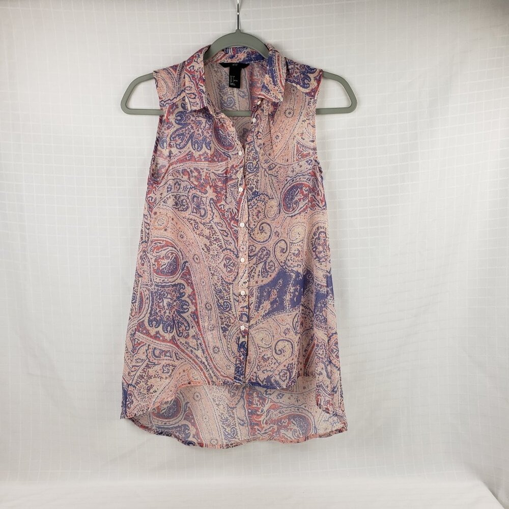 H&M 2 Multicolor Semi Sheer Pink Blue Purple Blouse Hi Low Top Sleeveless Womens